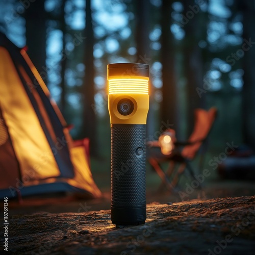 Retro-style handheld dynamo flashlight glowing in a dimly lit camping scene,