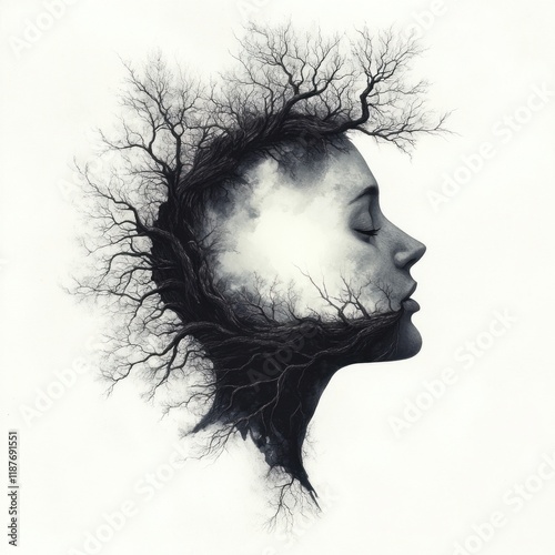 Nature inspired portraits artistic representation of human emotion abstract environment mixed media creative concept photo