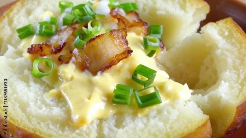 Warm baked potato bursts open cheese melts onions bacon fall slow motion or Baked potato bursts open