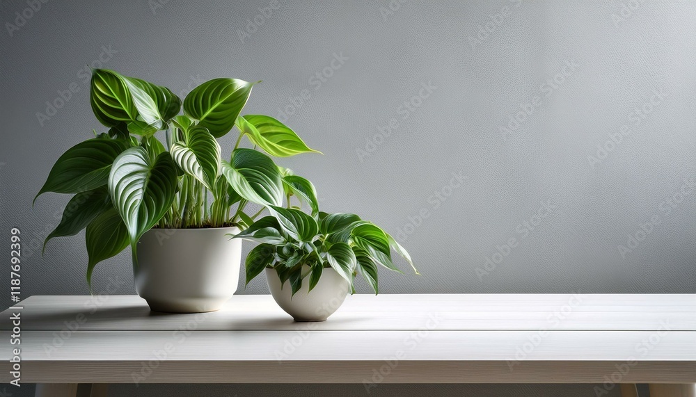 Fototapeta premium ポトスの観葉植物をテーブルに置いた、淡いグレーの背景が柔らかさを引き立てる空間デザイン 