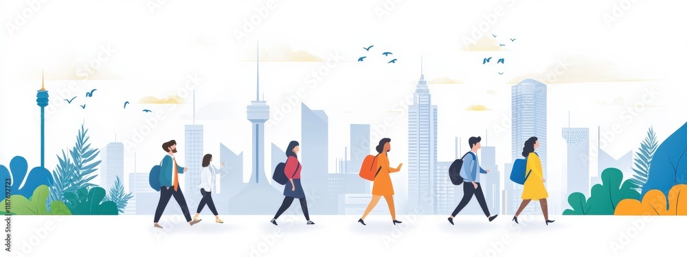 Diverse Group of People Walking in a Modern Cityscape Illustration with Skyscrapers, Greenery, and Birds in a Bright and Vibrant Environment Diverse Group of People Walking in a Modern Cityscape Illustration with Skyscrapers, Greenery, and Birds in a Bright and Vibrant Environment