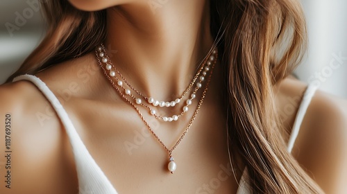 A woman wearing a necklace with a pearl pendant