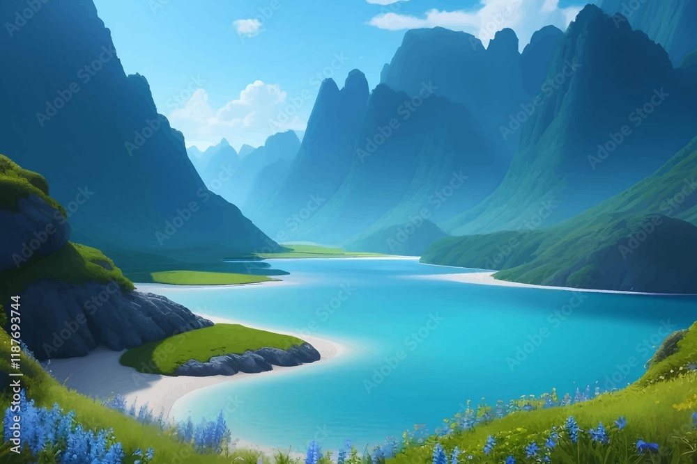 Fototapeta premium Beautiful and Peaceful Nature Scenery Illustration Landscape Countryside Tranquil Vibrant and Colorful