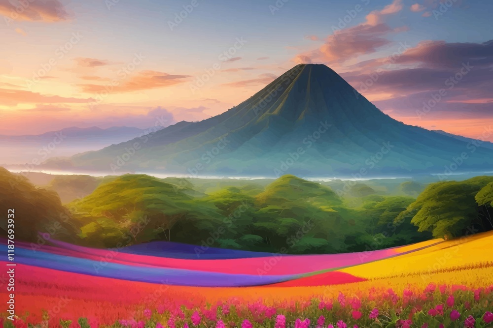 Obraz premium Beautiful and Peaceful Nature Scenery Illustration Landscape Countryside Tranquil Vibrant and Colorful