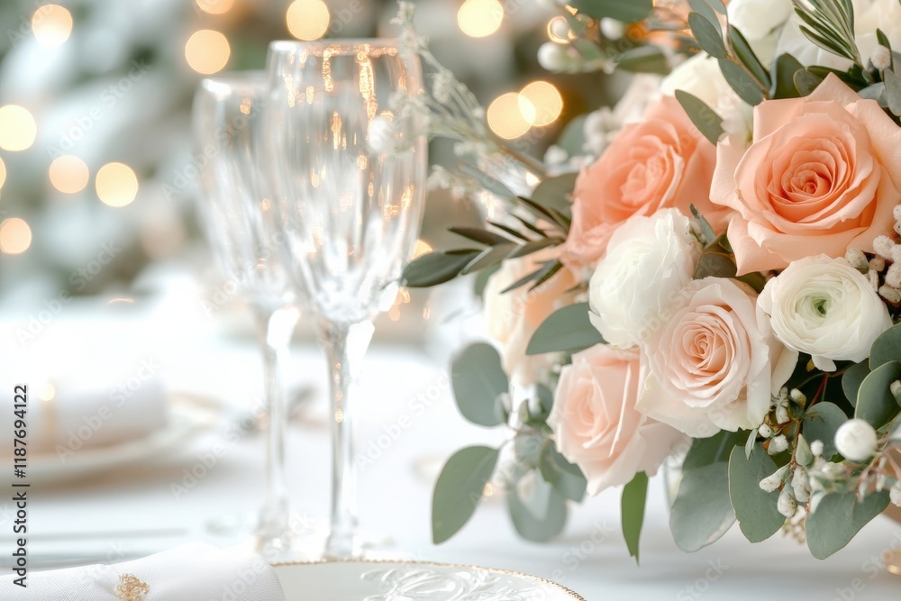 Elegant Wedding Table Setting with Soft Pink and White Roses, Sparkling Glassware, and a Romantic Bokeh Background for a Dreamy Celebration Atmosphere Elegant Wedding Table Setting with Soft Pink and White Roses, Sparkling Glassware, and a Romantic Bokeh Background for a Dreamy Celebration Atmosphere