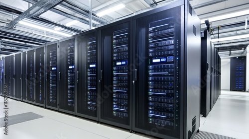 Modern data center server racks in a secure technology facility
