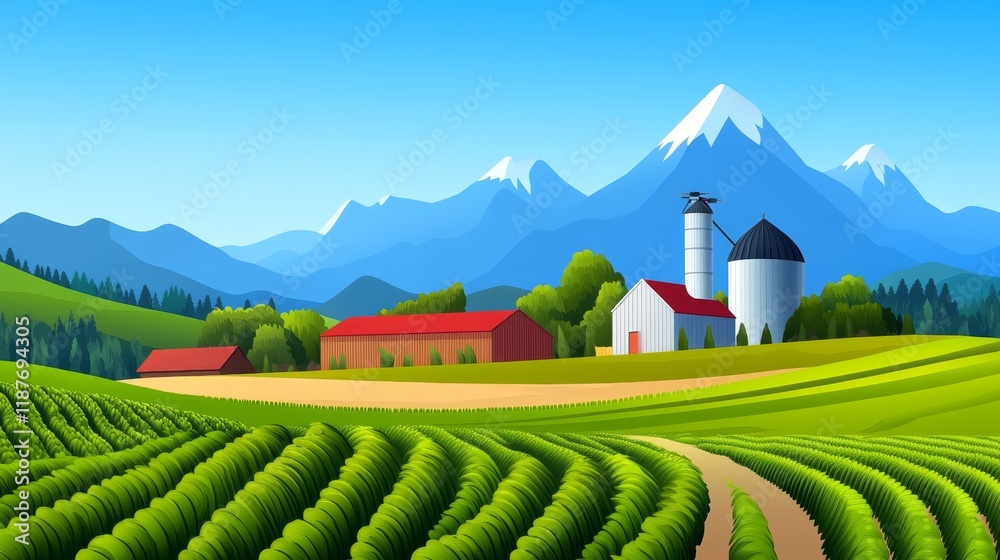 Obraz premium A vibrant farm landscape with rolling hills, a red barn, and mountains in the background.