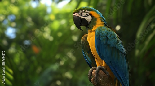 Vibrant blue-and-yellow macaw perched in lush tropical jungle