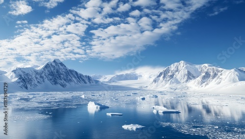 Wallpaper Mural Antarctic landscape with snow-capped mountains, icebergs, and calm blue water under a bright sky. Torontodigital.ca