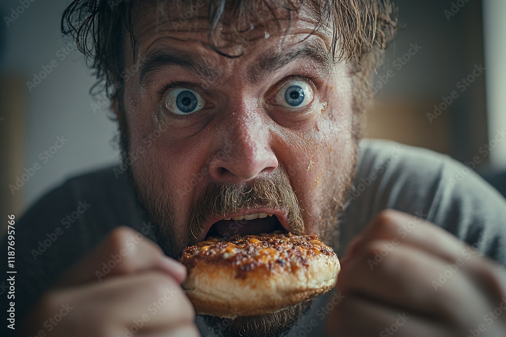 Close-up of a man intensely enjoying a pizza slice. His facial expression conveys pure delight and insatiable hunger. Close-up of a man intensely enjoying a pizza slice. His facial expression conveys pure delight and insatiable hunger.