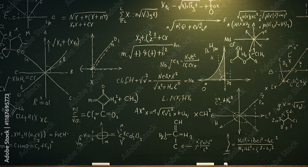 Naklejka premium A chalkboard filled with various mathematical formulas, equations , and diagrams related to science and chemistry