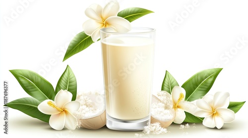 Creamy beverage in glass with plumeria flowers and powder.
