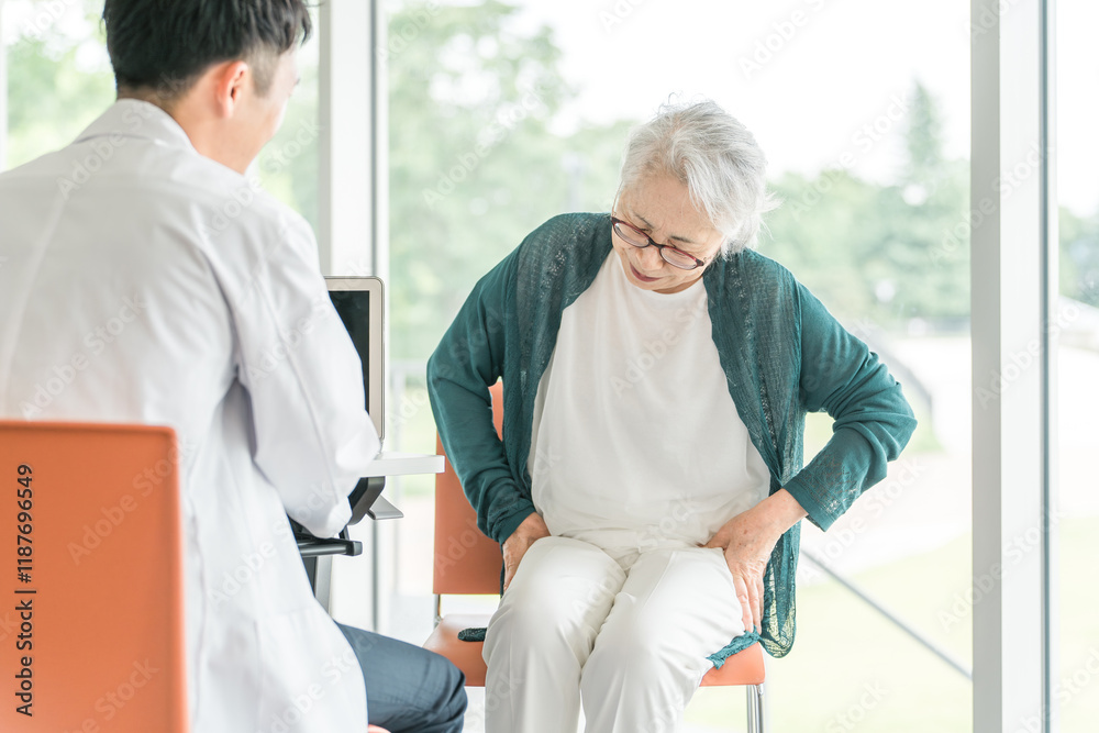 Obraz premium 骨盤の痛みを訴えるシニア女性と診察する男性医師の後ろ姿