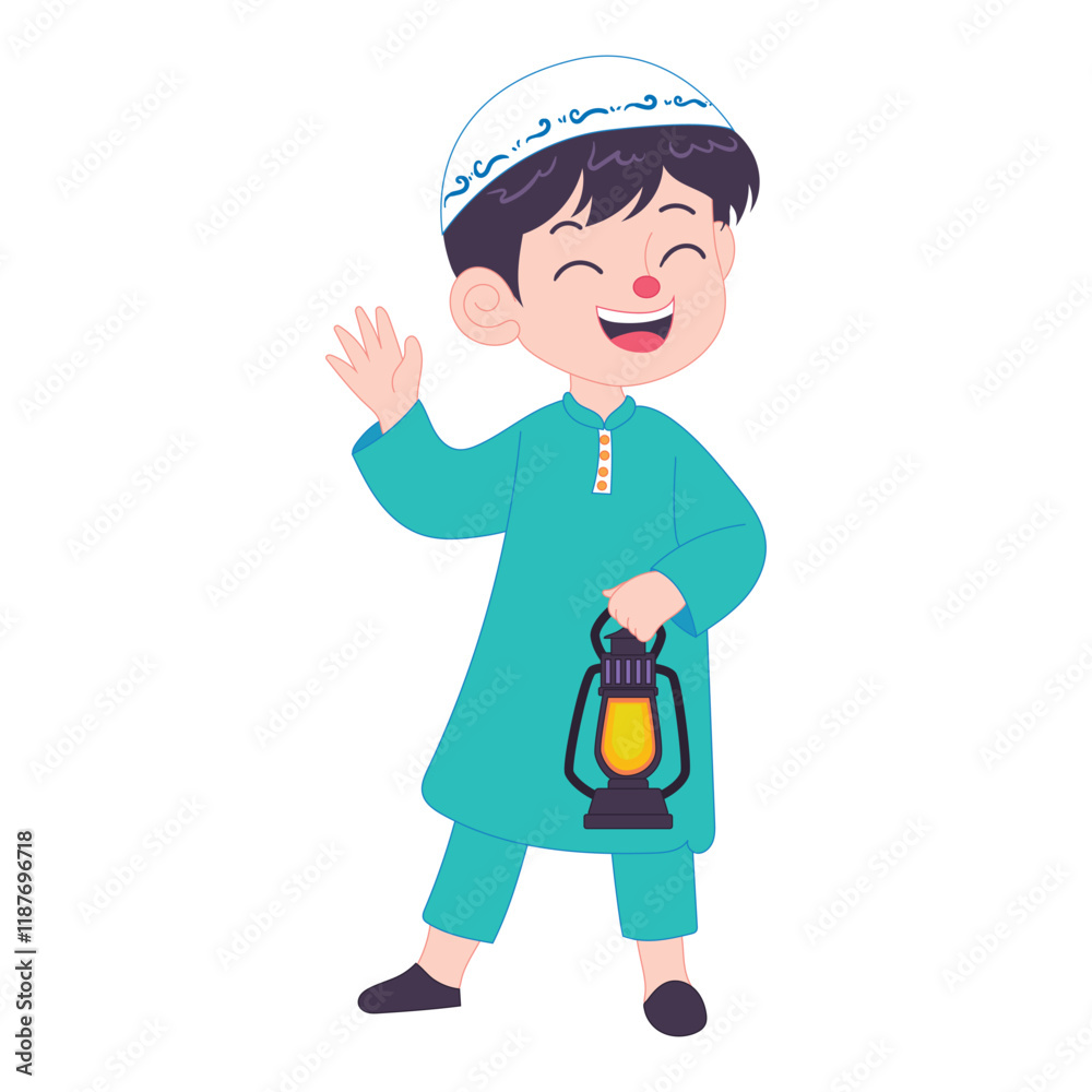 Happy Muslim child waving hand, holding lantern, celebrating Ramadan in traditional attire cute illustration. Happy Muslim child waving hand, holding lantern, celebrating Ramadan in traditional attire cute illustration.