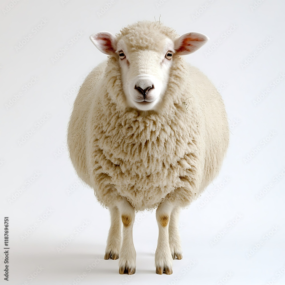 Fototapeta premium Fluffy sheep, studio shot, white background, agriculture