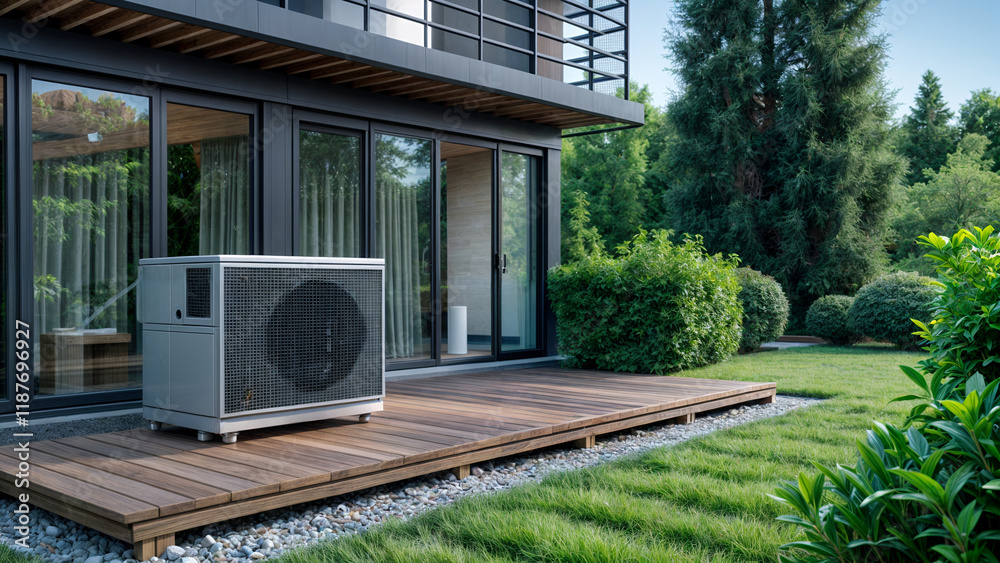 Fototapeta premium Modern Outdoor Air Conditioning Unit Installed Near a Garden, Promoting Energy Efficiency and Climate Control