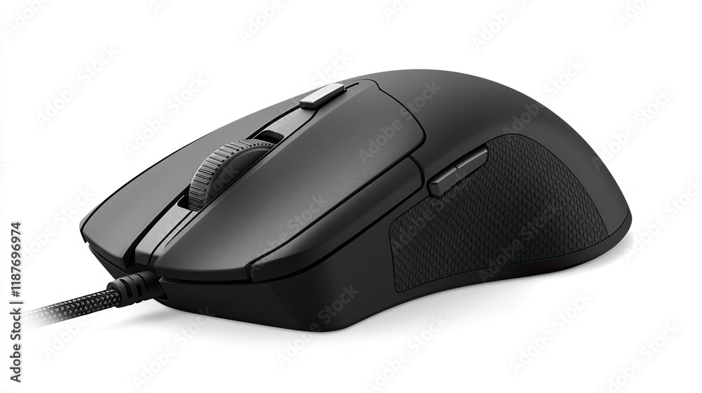 Black wired computer mouse isolated on white background.  Close-up view showcasing ergonomic design, scroll wheel, and buttons.