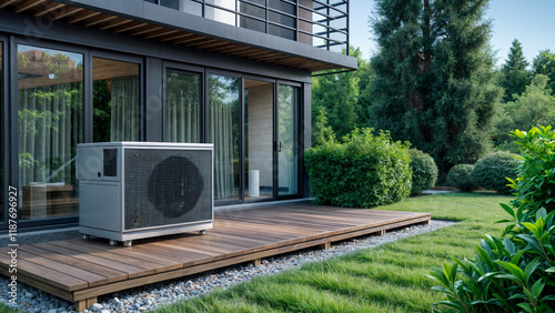 Modern Outdoor Air Conditioning Unit Installed Near a Garden, Promoting Energy Efficiency and Climate Control photo