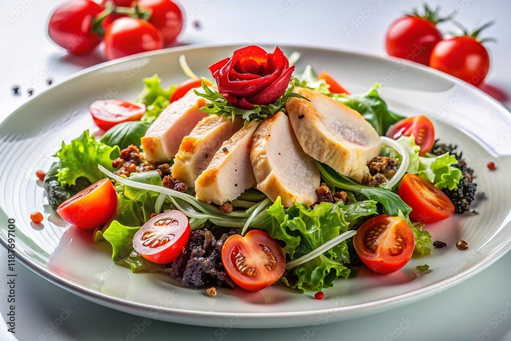 Delicious Sushi Caesar Salad with Smoked Chicken, Tomato, and Nori on White Background Delicious Sushi Caesar Salad with Smoked Chicken, Tomato, and Nori on White Background