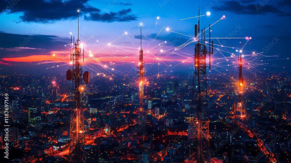 Fototapeta premium Futuristic cityscape with glowing network connections at sunset