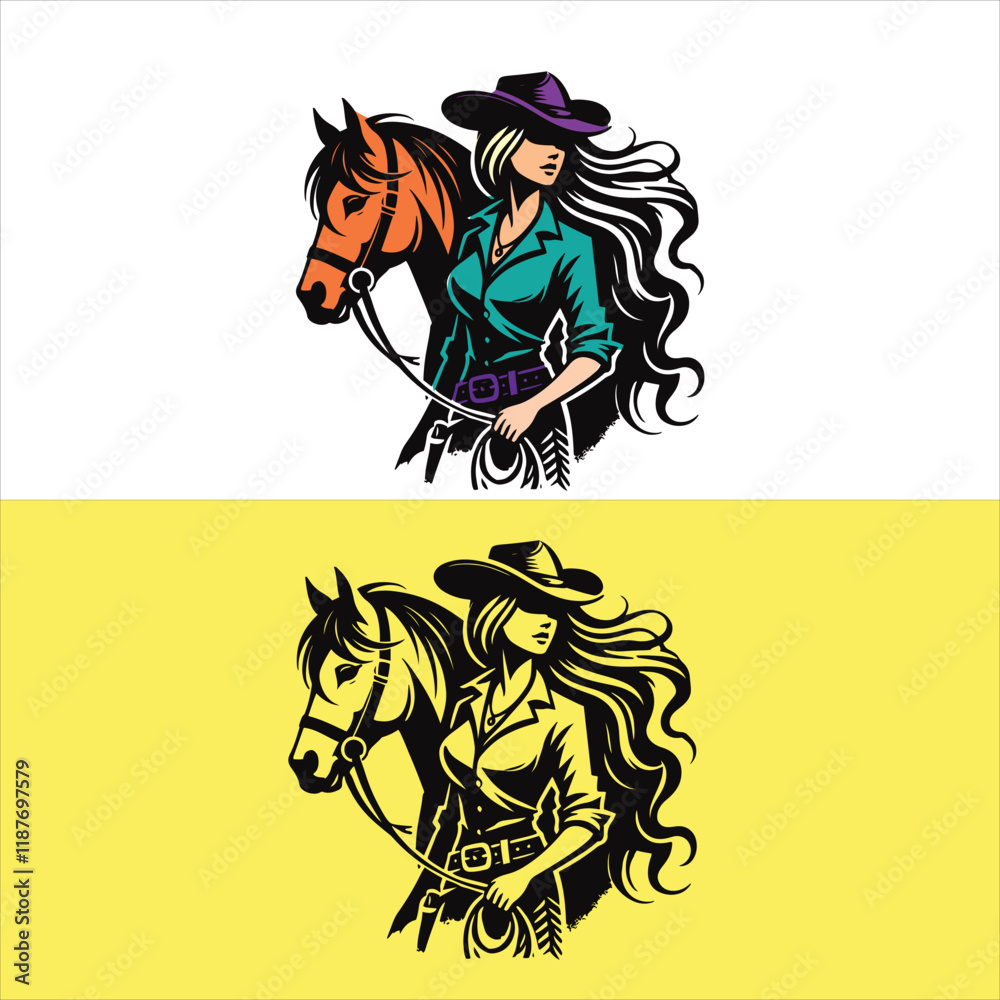 Fototapeta premium A vector western cowgirl standing beside on her horse