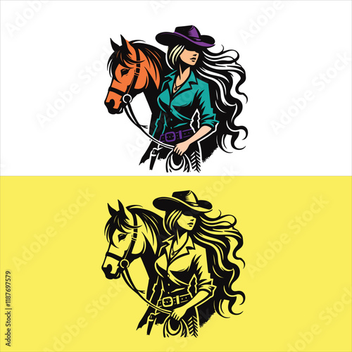A vector western cowgirl standing beside on her horse