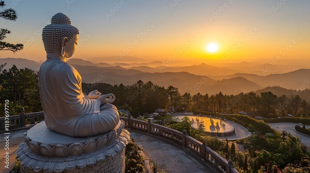 Fototapeta premium Serene Buddha Statue Sunrise Mountain View