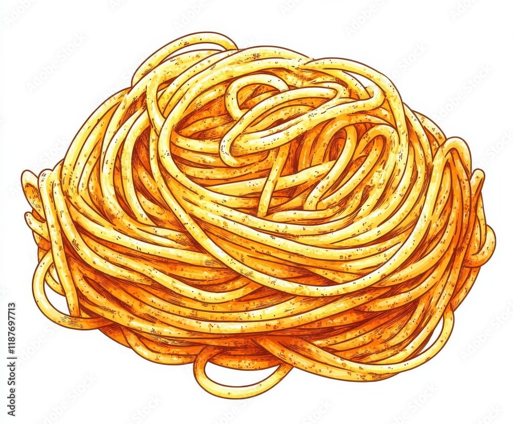 Detailed Illustration of Twisted and Delicious Spaghetti Noodles Piled High on a White Background, Perfect for Food-related Projects and Culinary Themes