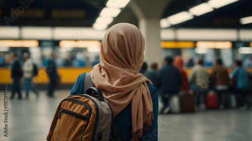Muslim woman with backpack waits at a train station.