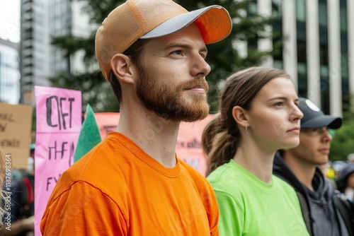 Environmental protest outside an oil company headquarters, with banners and signs advocating for renewable energy photo