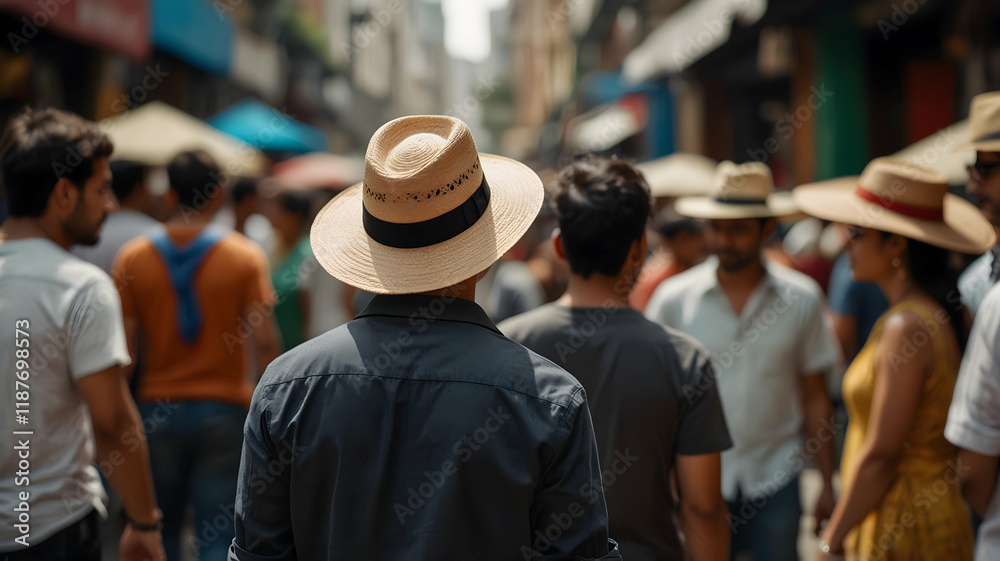 Fototapeta premium Man in straw hat amidst a bustling street market.