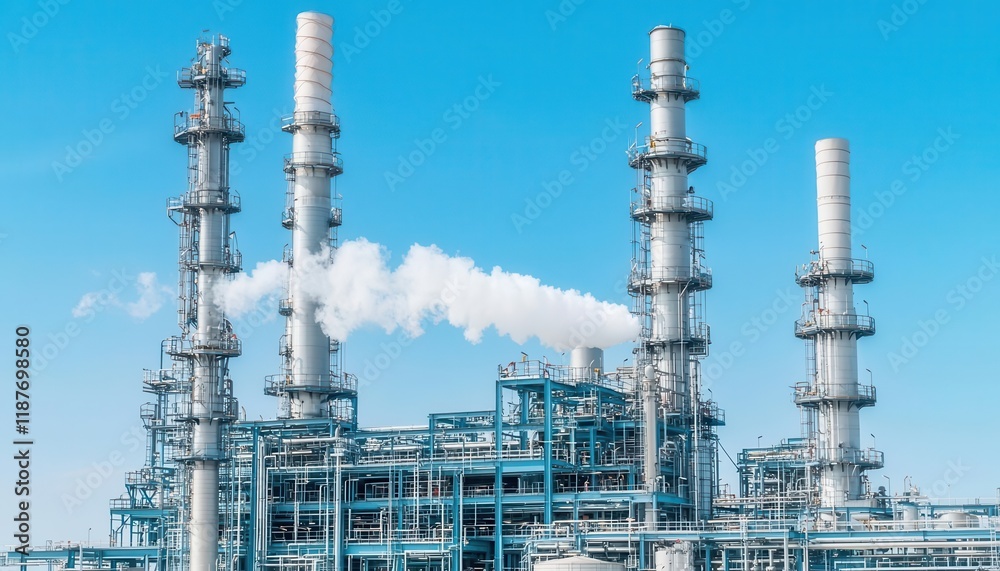 Fototapeta premium Modern oil refinery with sustainable technology, emitting less smoke and pollution, set against a clear blue sky