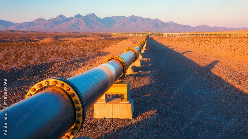 Oil pipeline stretching across a vast desert landscape, with distant mountains under a clear blue sky Oil pipeline stretching across a vast desert landscape, with distant mountains under a clear blue sky