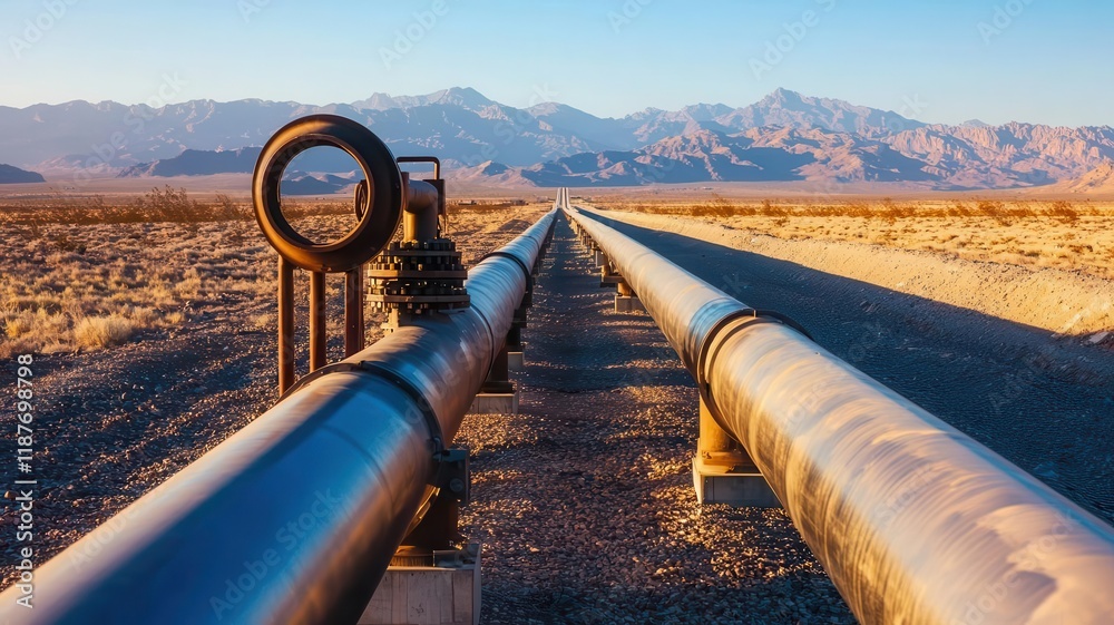 Oil pipeline stretching across a vast desert landscape, with distant mountains under a clear blue sky