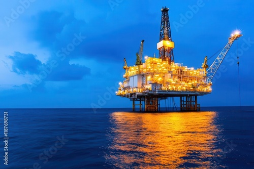 Offshore oil platform at night, illuminated by floodlights, with the dark, calm ocean reflecting the scene