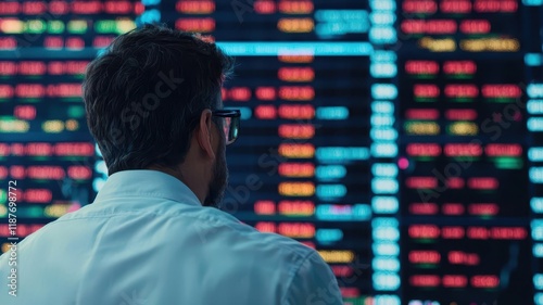 Oil futures trading floor, with traders in action, large electronic boards displaying fluctuating oil prices photo