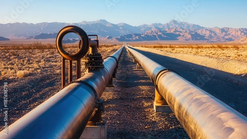 Obraz na płótnie Oil pipeline stretching across a vast desert landscape, with distant mountains under a clear blue sky w salonie