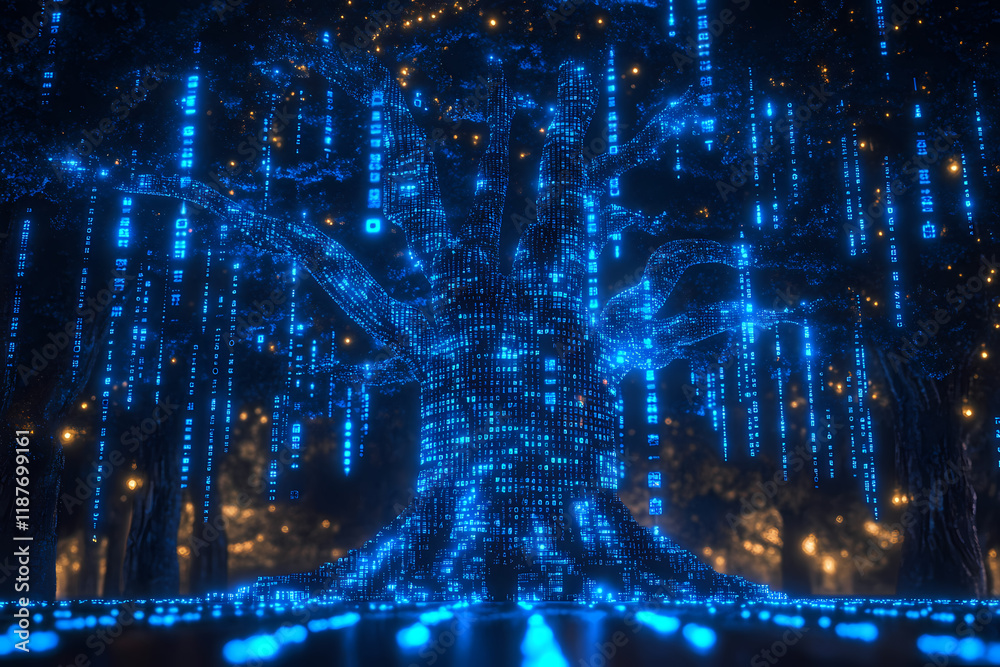 A digital tree with glowing data streams flowing through its branches, symbolizing the technological connection to nature A digital tree with glowing data streams flowing through its branches, symbolizing the technological connection to nature