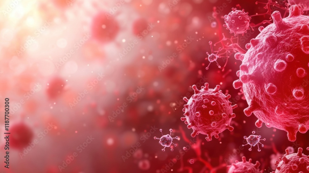 Abstract depiction of virus particles in red tones, highlighting the intricacies of viral structures and their potential impact on health. Abstract depiction of virus particles in red tones, highlighting the intricacies of viral structures and their potential impact on health.