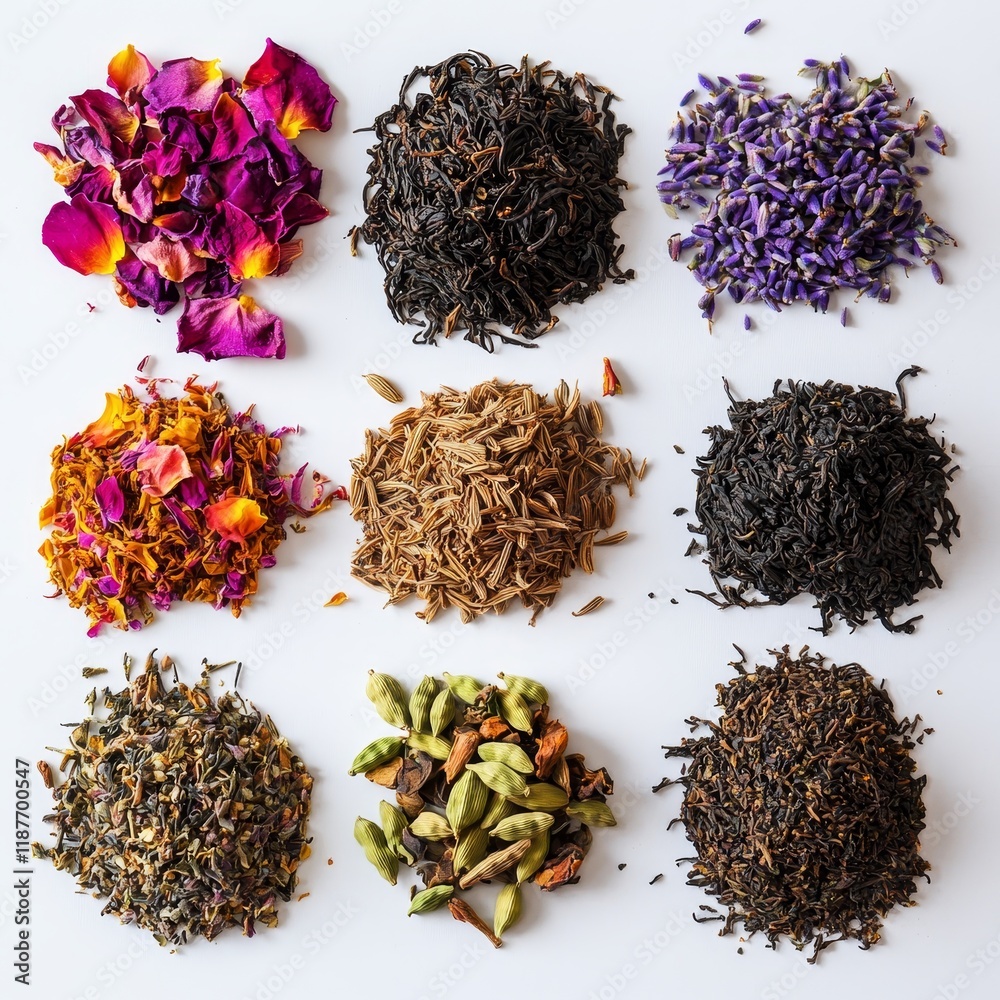 Fototapeta premium Assorted dried herbs and teas arranged on white background.