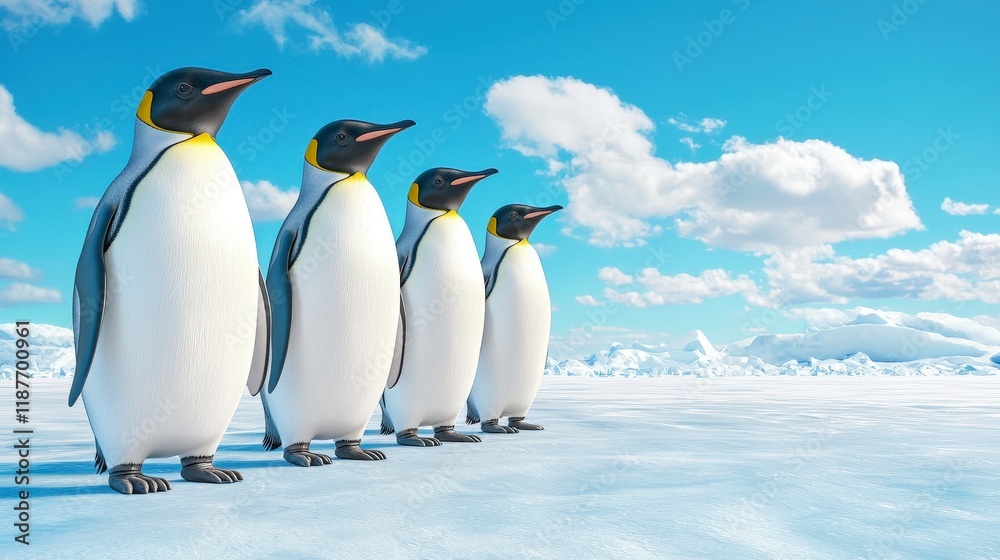 Naklejka premium Four Cartoon Penguins Standing on Ice in a Bright Blue Sky with Fluffy Clouds and Snowy Landscape