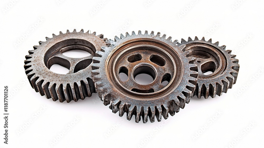 Three Isolated Steel Cogs and Gears on White Background Three Isolated Steel Cogs and Gears on White Background
