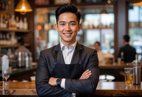 Smiling professional in a suit with an apron stands confidently bar manager