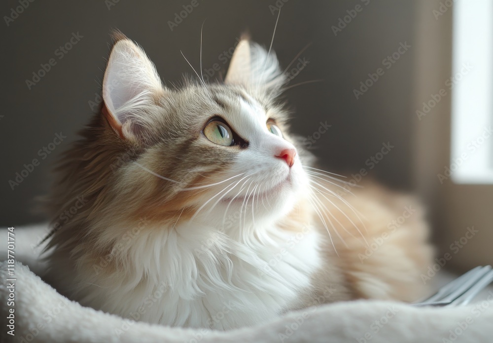 Soft and Fluffy Cat Gazing Out of Window with Bright Eyes and Dreamy Expression, Captured on Cozy Blanket in Warm Indoor Setting Soft and Fluffy Cat Gazing Out of Window with Bright Eyes and Dreamy Expression, Captured on Cozy Blanket in Warm Indoor Setting