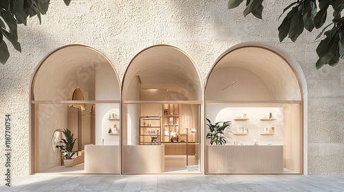 Minimalist beige storefront with arched windows, wooden interior, and product displays.