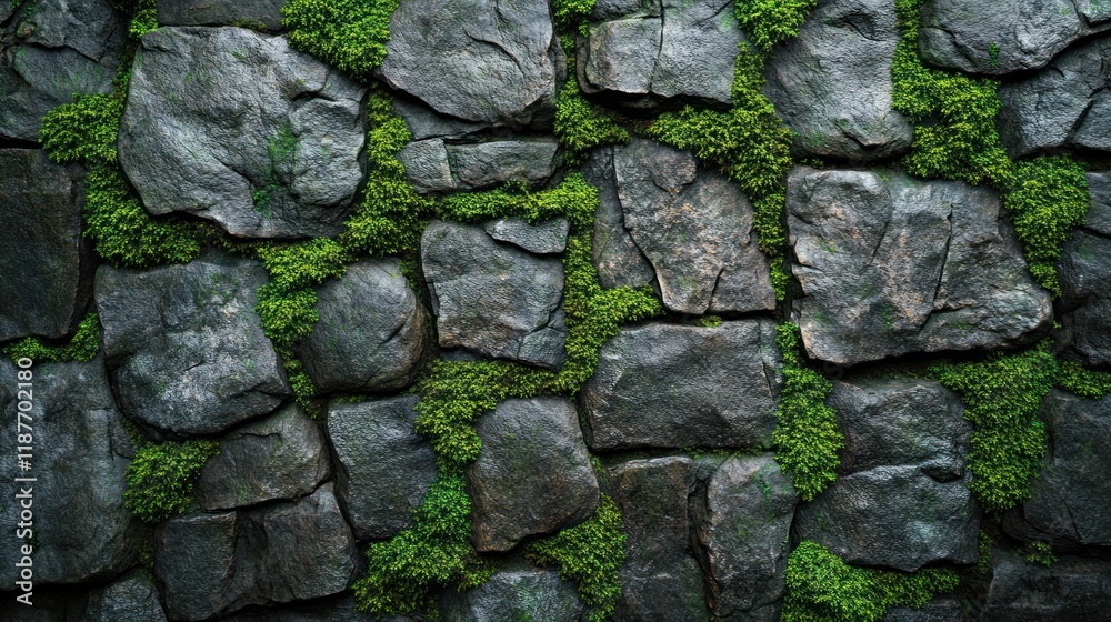 A textured stone wall covered with vibrant green moss. A textured stone wall covered with vibrant green moss.