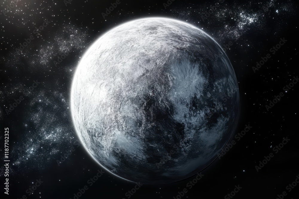 Obraz premium A monochrome icy planet orbits amidst distant stars