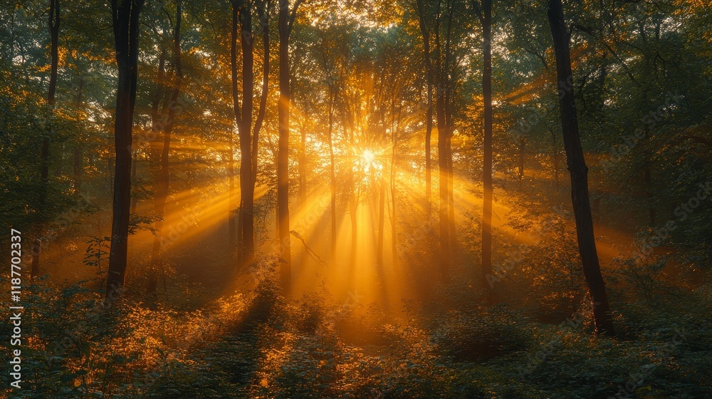 Golden sunlight streaming through lush forest at sunrise Golden sunlight streaming through lush forest at sunrise