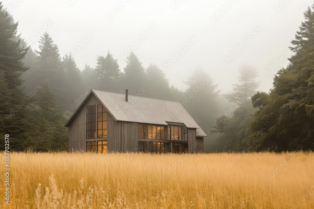 Fototapeta premium Modern wooden house stands in tall golden grass under a foggy sky surrounded by dense evergreen forests during early morning hours