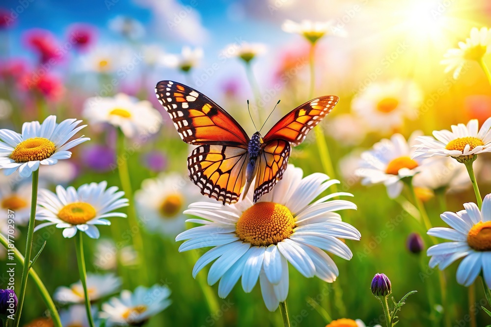 Butterfly on Daisy Field - Summer Meadow Butterfly on Daisy Field - Summer Meadow